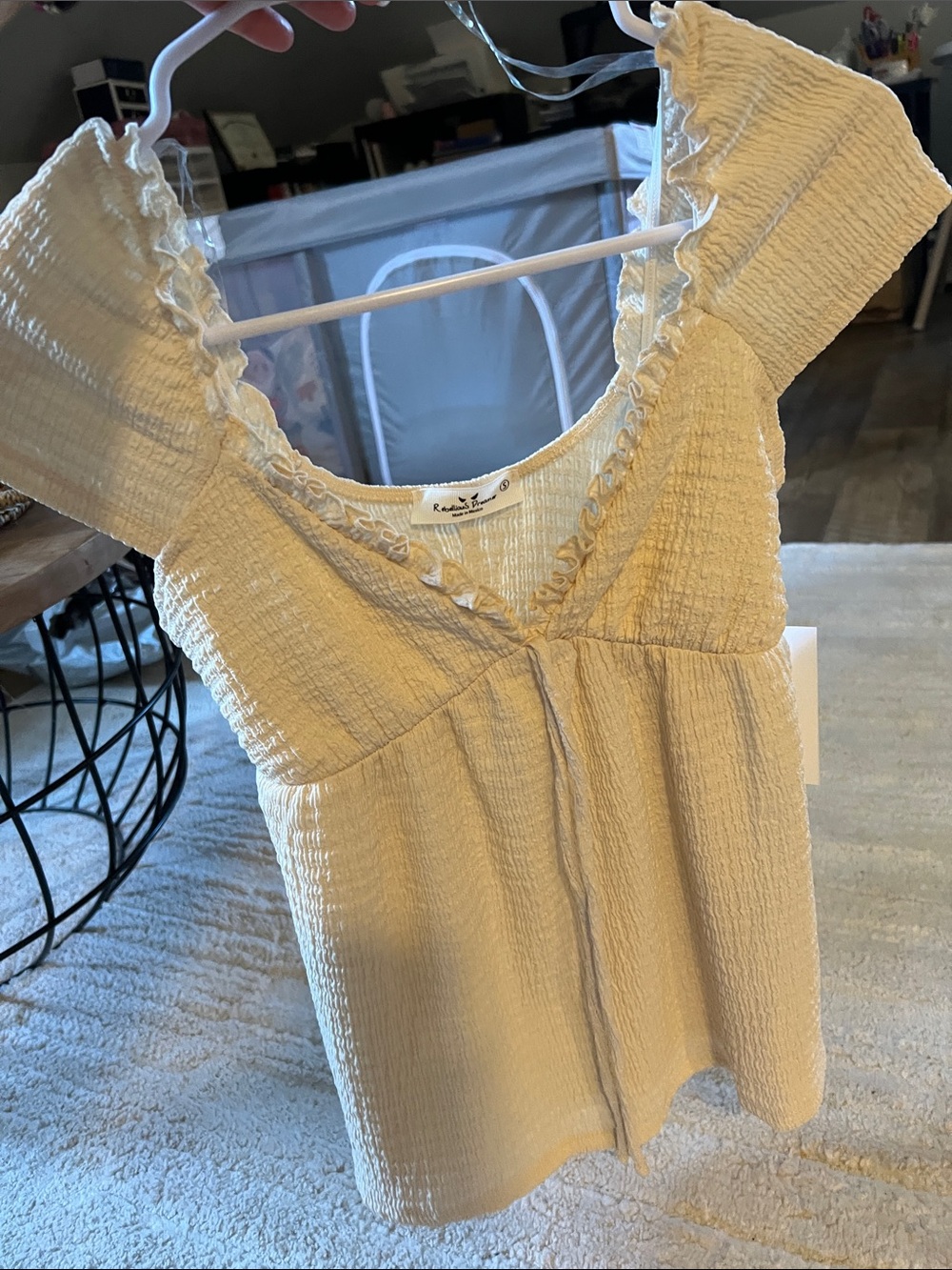 Smocked Square-Neck Cream Blouse with Tie Front